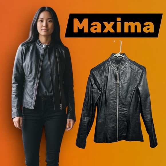 Maxima Jackets & Blazers - Vintage Y2K Maxima Black Leather Moto Jacket with Ring-Zip Detail